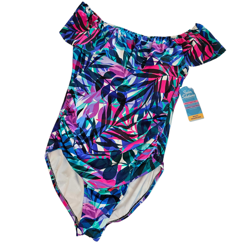 Swim Solutions Waist Minimizer Off the Shoulder One Piece Swimsuit Women's 16 - Picture 2 of 11